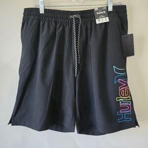 New Hurley Volley Swim Shorts Black Rainbow Logo Elastic Waist Mens Size XL